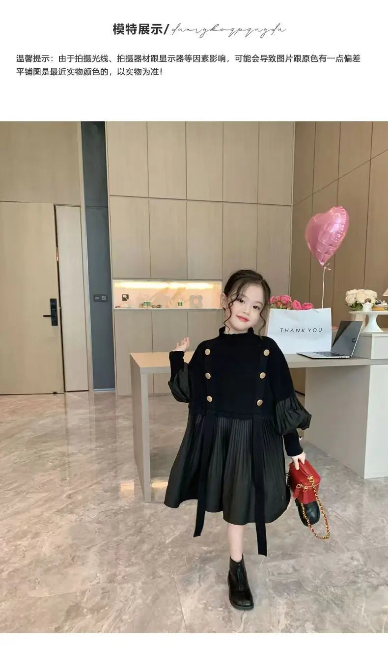 2025 Spring and Autumn New Girls' Dress Children's Clothing Black Design Sense Spliced Knitted Pleated Skirt