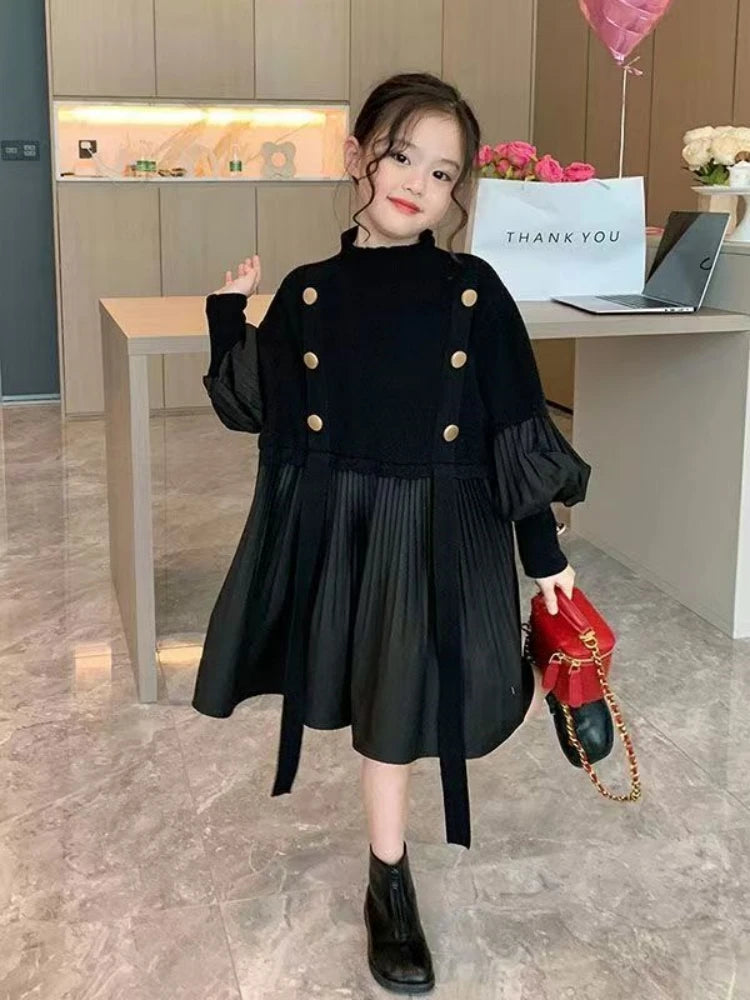 2025 Spring and Autumn New Girls' Dress Children's Clothing Black Design Sense Spliced Knitted Pleated Skirt