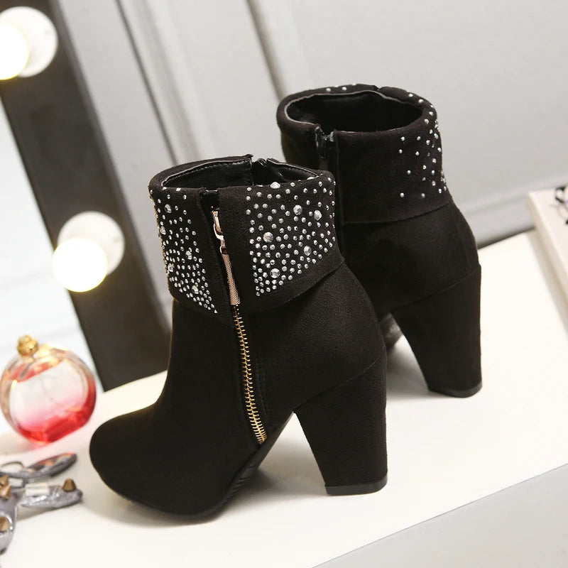 Rhinestone Crystal Sparkle Red Navy Blue Ankle Boots for Women Big Size 46 47 Zipper Chunky High Heels Bling Winter Warm Shoes