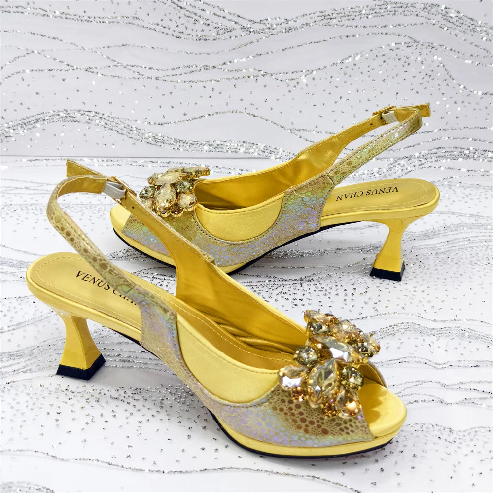 2025 New Rhinestone Design African Shoes & Bag Set in Green – Open Toe Comfortable Women's Heels - Hot Sale on Instagram