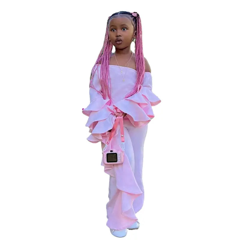 1-8Y Children's clothing sets For Girls Pink Off Shoulder Long Sleeve Shirt Tops+Ruffled Pants Baby Kids Girls Autumn Clothing