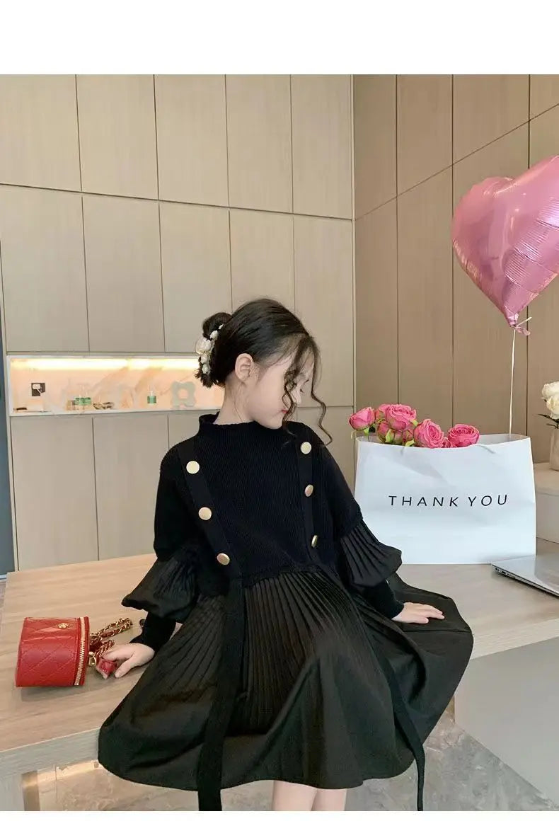 2025 Spring and Autumn New Girls' Dress Children's Clothing Black Design Sense Spliced Knitted Pleated Skirt