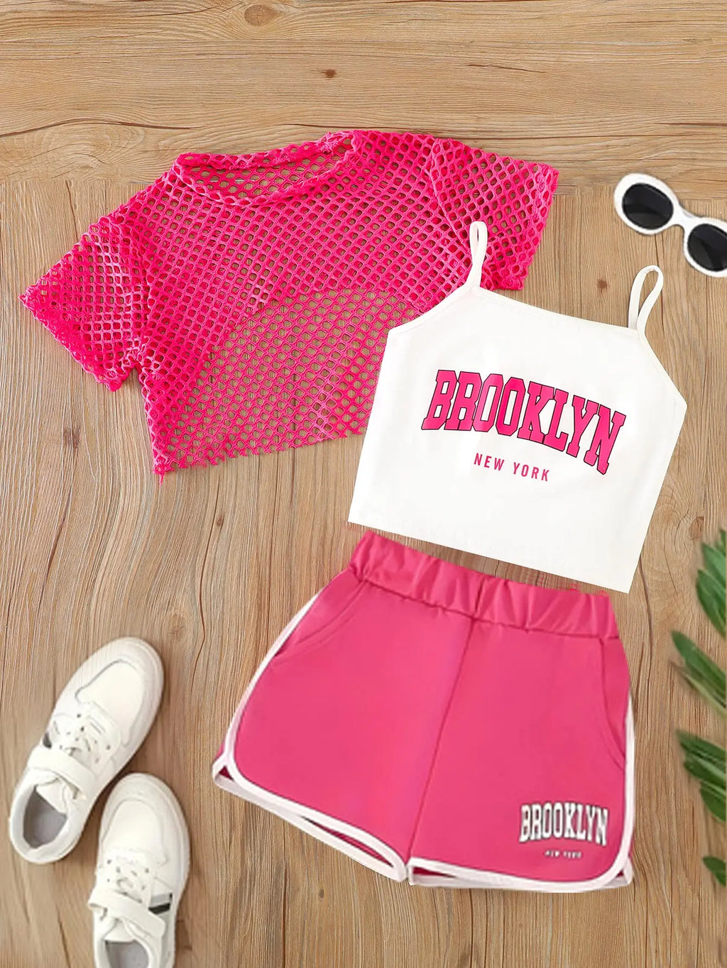 Girls' Three-Piece Outfits New Breathable Summer Thin Fashion Short Sleeve Mesh Top+Letter Print Crop Vest Sling+Letter Print Sport Shorts