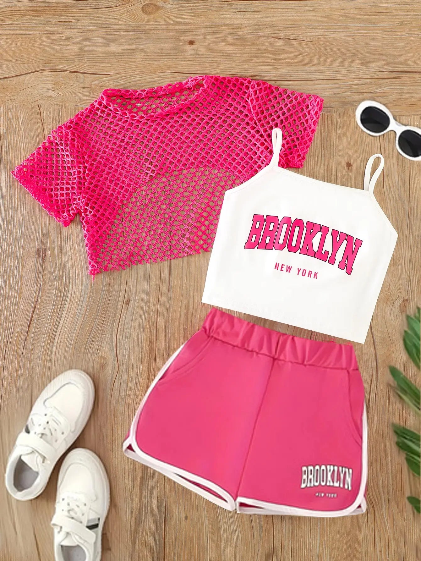 Girls' Three-Piece Outfits New Breathable Summer Thin Fashion Short Sleeve Mesh Top+Letter Print Crop Vest Sling+Letter Print Sport Shorts