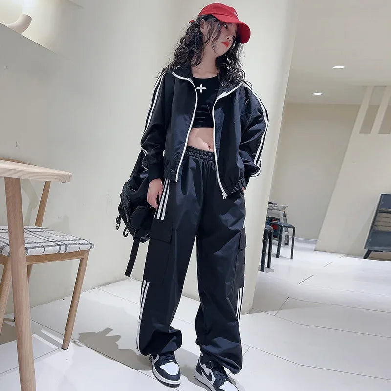 2025 New Girls Outfit Spring/fall Casual Striped Short Jacket  Wide Leg Pants 2-Pieces Fashion School Kids Sporty Tracksuit Set
