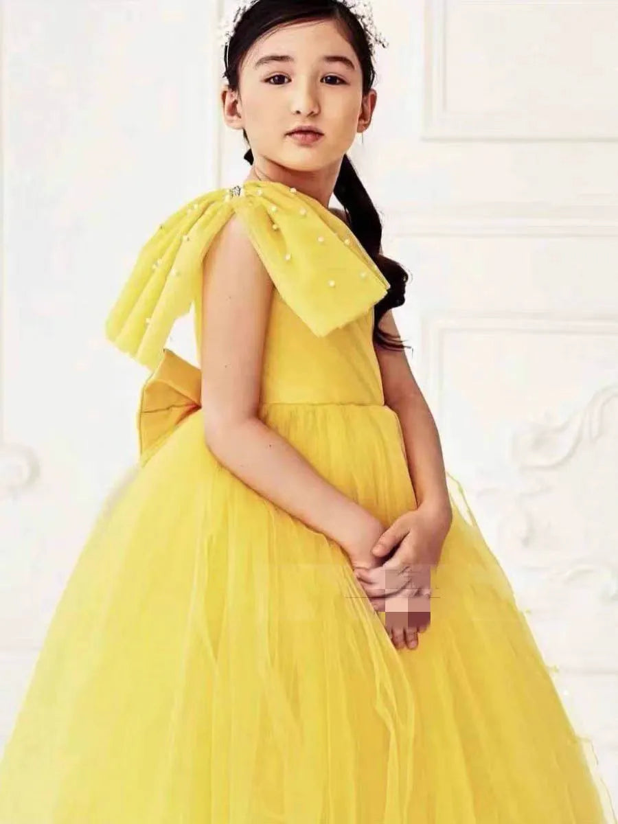 Girls Elegant Dress Tulle Evening Dresses Fashion Ball Performance Gown Solid Simple Girls Clothing Children Summer Frocks