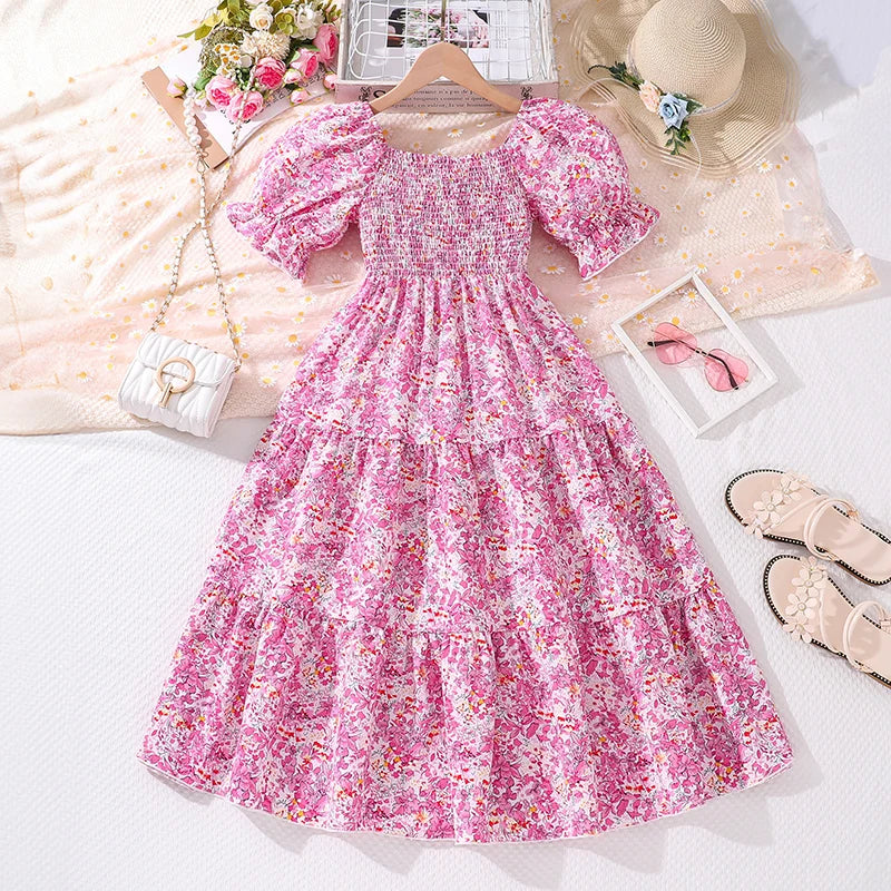 Girls Clothes 2024 New Summer Princess Dresses 8-12Y Shirred-Bodice Floral Puffed Sleeves Elegant Casual Kids Dress For Girls