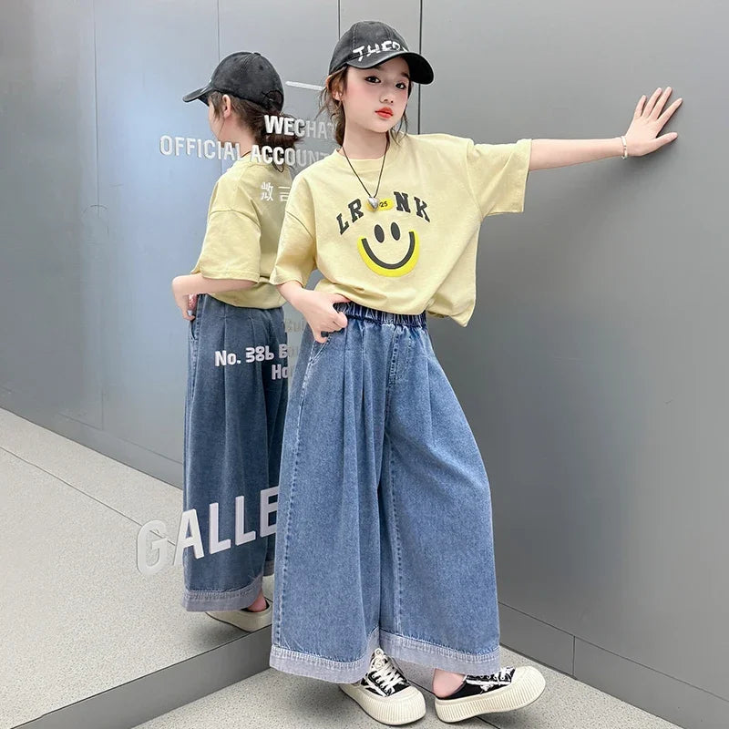 Girls Summer Clothes Sets Children Smiley Face Print Short-Sleeve T-Shirt + Denim Wide-Leg Pants Two-Piece Sets 2025 New
