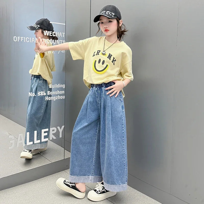 Girls Summer Clothes Sets Children Smiley Face Print Short-Sleeve T-Shirt + Denim Wide-Leg Pants Two-Piece Sets 2025 New