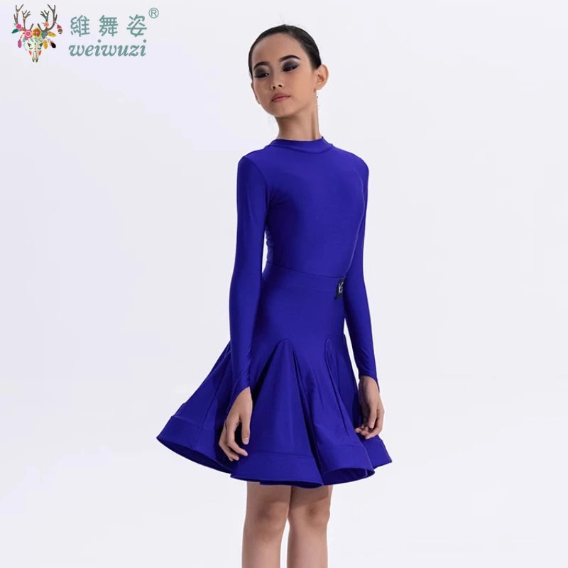 Girls Latin Dance Competition Clothing Glossy Fabric Long Sleeves Dance Dress Kids Cha Rumba Dance Practice Training Wear