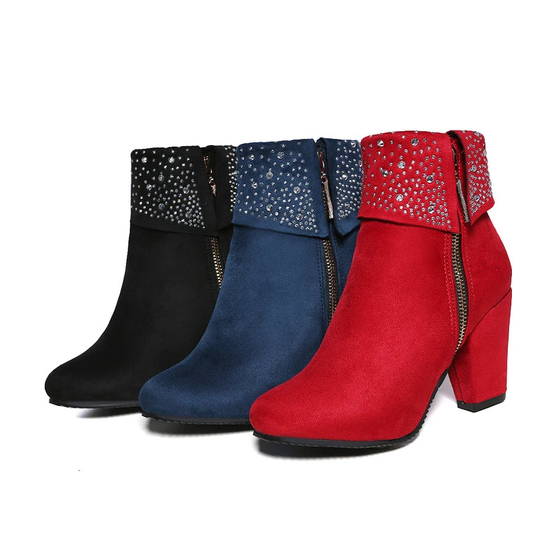 Rhinestone Crystal Sparkle Red Navy Blue Ankle Boots for Women Big Size 46 47 Zipper Chunky High Heels Bling Winter Warm Shoes