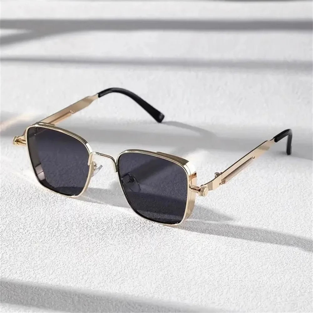 Men Driving Sunglasses Vintage Steampunk Square Sunglasses Metal Frame with Spring Hinges Women Eyepiece Trendy Driver Glasses