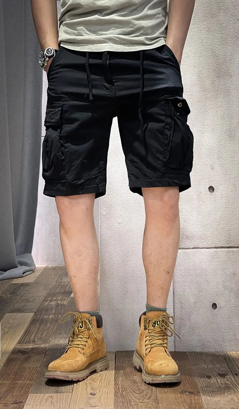 Half Men's Cargo Shorts Solid With Draw String Khaki Male Bermuda Short Pants Summer Korean Style Baggy Elastic Waist Homme Y2k
