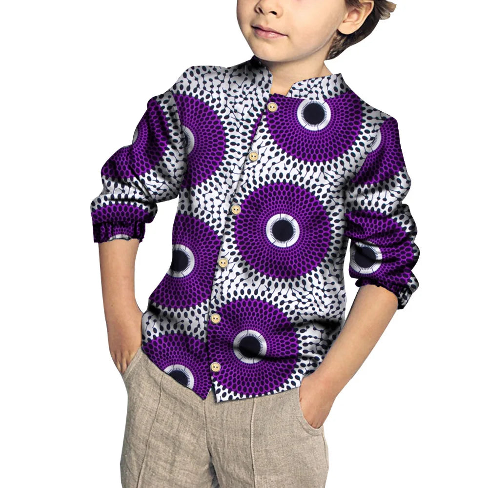 Kids Clothing Kids Boys African Fashion New Boy's Tops Bazin Riche African Wax Print Patchwork Cotton Shirt for Boys