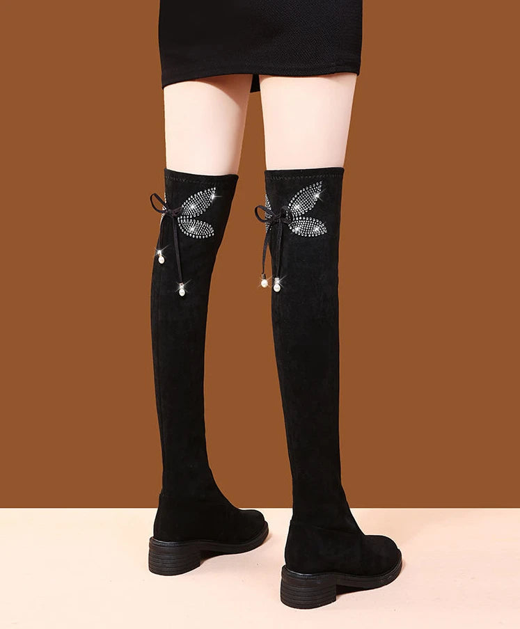 Women's Boots Rhinestone Shoes for Woman Thigh High Footwear Above Over The Knee Middle Heel with Laces Lace-up Quality New In