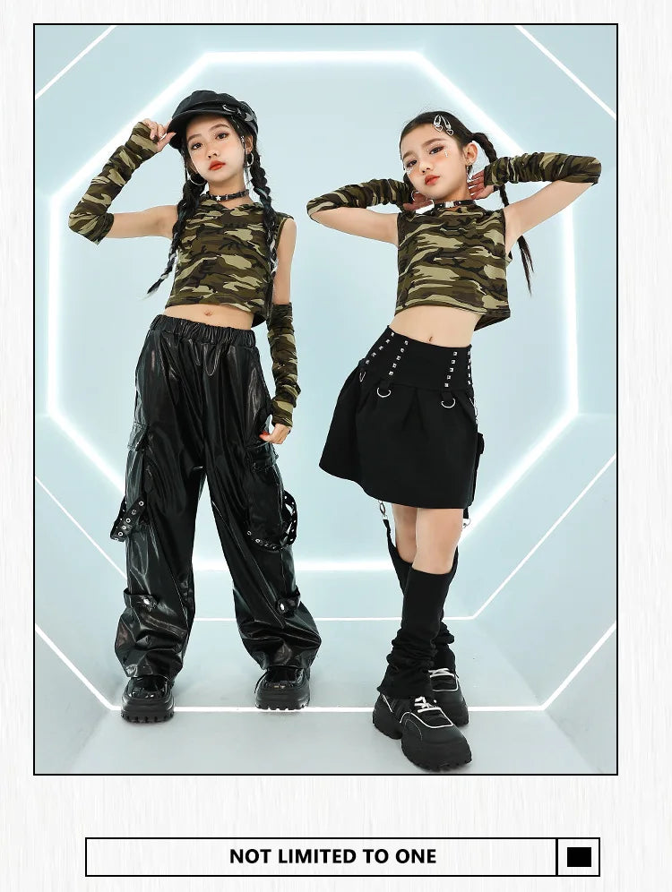 Girls Jazz Dance Costumes, Hip-hop Stage Costumes, Zumba Practice Clothes, Camouflage Children's Clothing Suits,10-12 Years Old