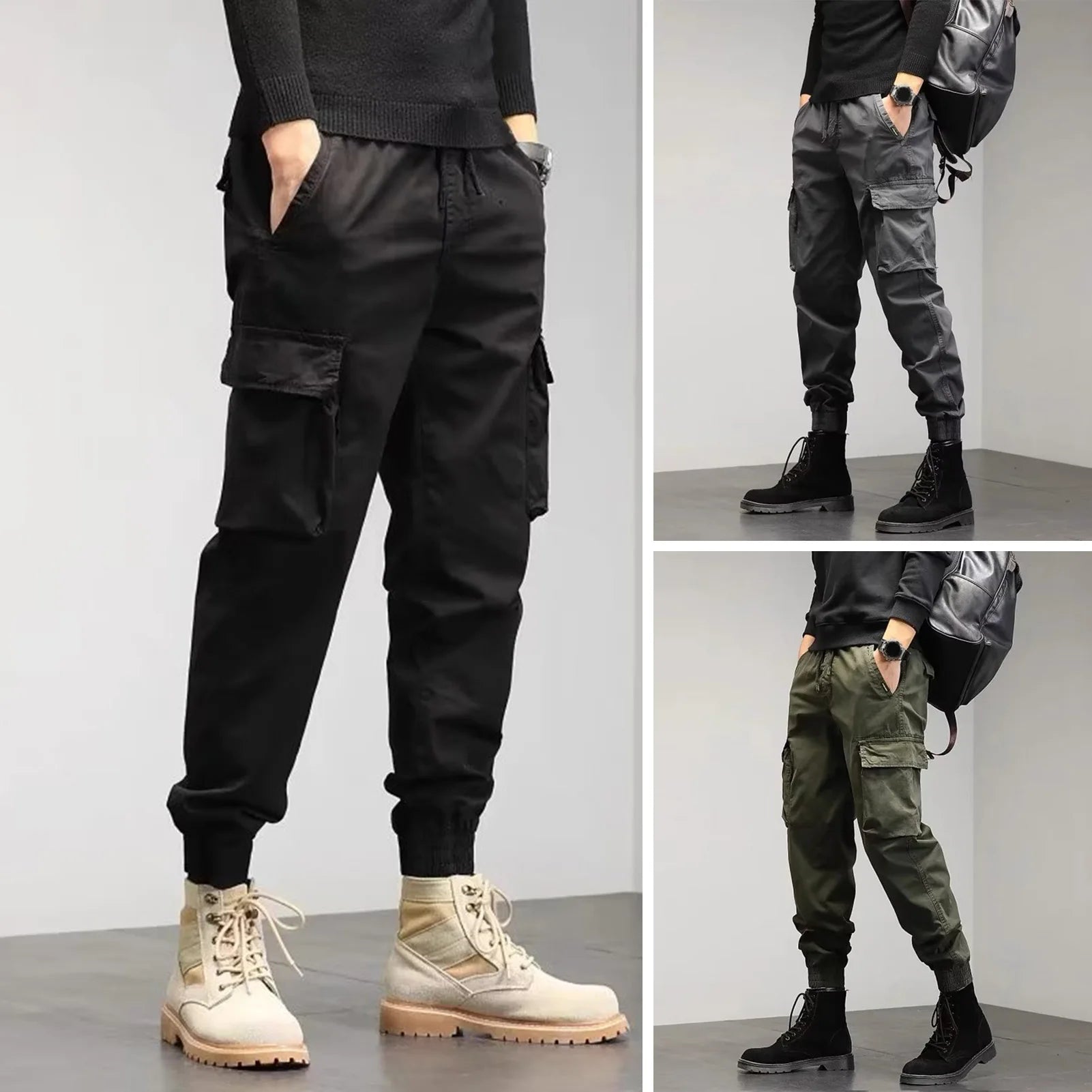 Cargo Pants for Mens Elastic Casual Trousers Zipper Multi-Pocket Joggers