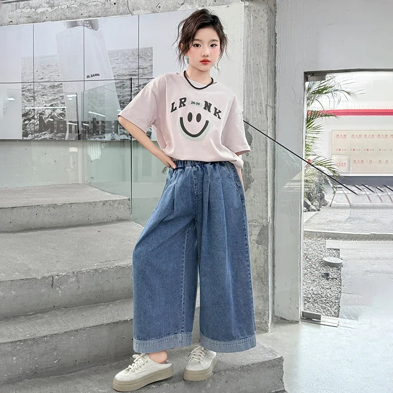 Girls Summer Clothes Sets Children Smiley Face Print Short-Sleeve T-Shirt + Denim Wide-Leg Pants Two-Piece Sets 2025 New