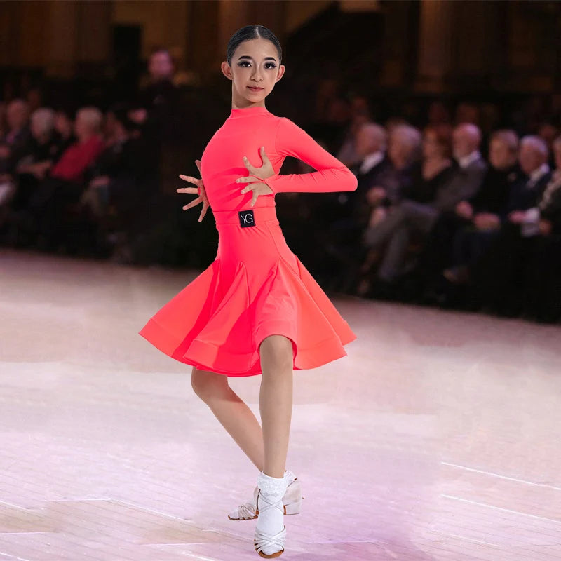 Girls Latin Dance Competition Clothing Glossy Fabric Long Sleeves Dance Dress Kids Cha Rumba Dance Practice Training Wear
