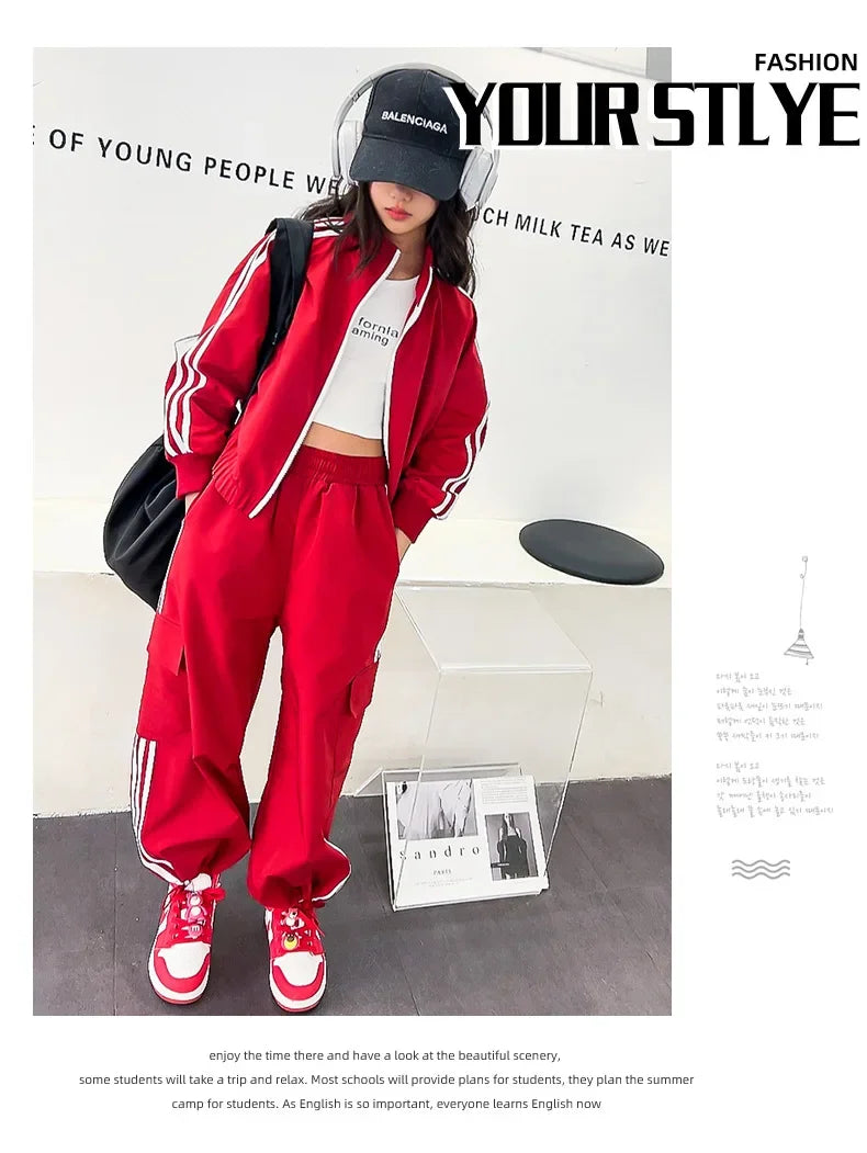 2025 New Girls Outfit Spring/fall Casual Striped Short Jacket  Wide Leg Pants 2-Pieces Fashion School Kids Sporty Tracksuit Set