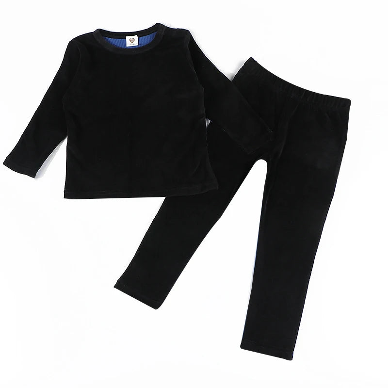 Boys pajama set blue black top and pants kids clothes for boy and girl clothing round neck winter season front velour back rib