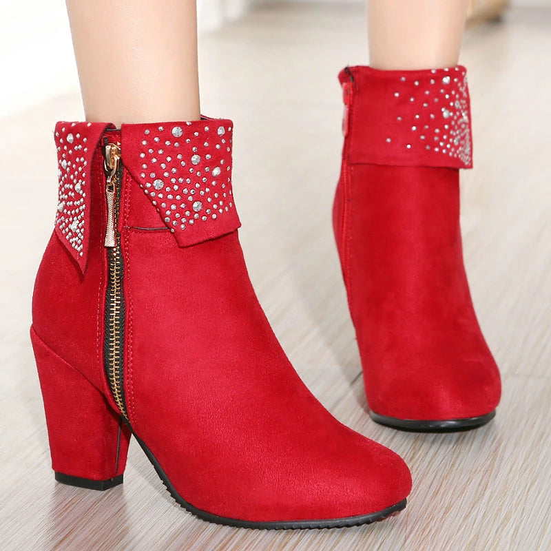 Rhinestone Crystal Sparkle Red Navy Blue Ankle Boots for Women Big Size 46 47 Zipper Chunky High Heels Bling Winter Warm Shoes