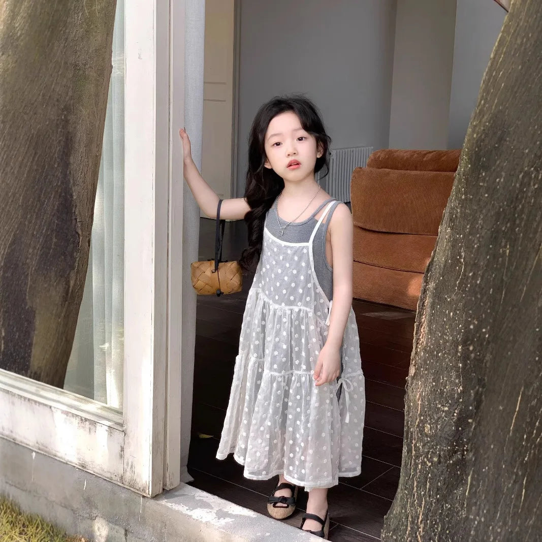 Girls Summer 2025 New Korean Sweet Clothing Suit Children's Vest Skirt Lace Embroidered Skirt Baby Casual  Fashion