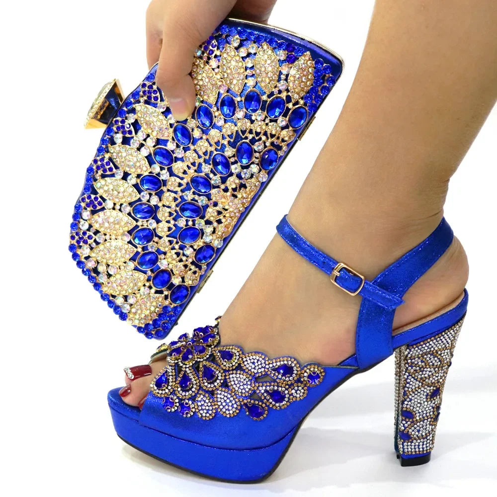 High Heel Shoes for Women Hollowed Out Embroidery Rhinestone Italian Design Rainbow Color Pointed-Toe Shoes and Bags Set