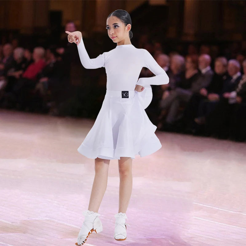 Girls Latin Dance Competition Clothing Glossy Fabric Long Sleeves Dance Dress Kids Cha Rumba Dance Practice Training Wear