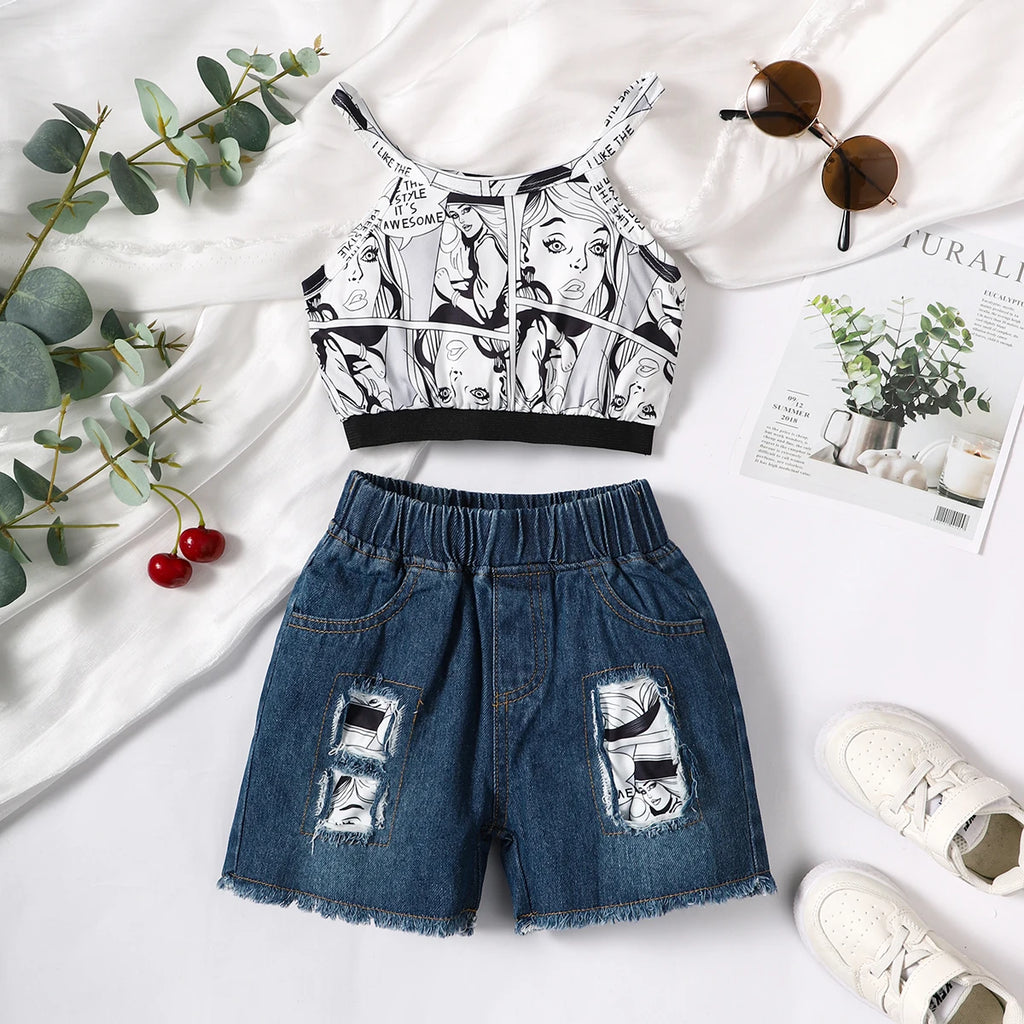 2PCS Kids Girl Clothing Set Character Print Sleeveless Top+Denim Shorts Fashion Personality Outfit for Children Girls 1-6 Years