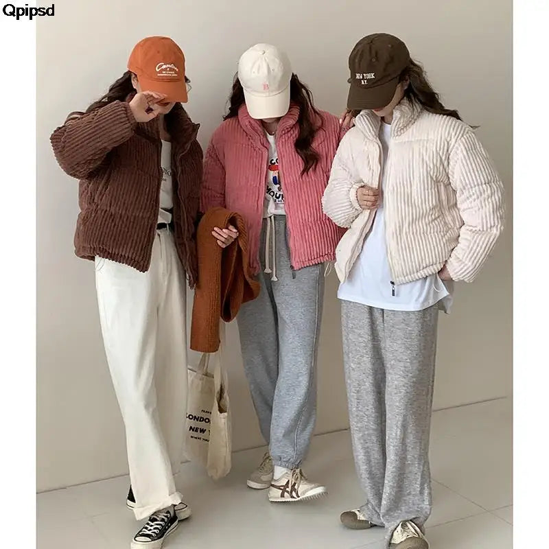 Women Short Parkas Jackets 2025 Autumn Winter Corduroy Long Zipper Thick Warm Outwear Coats Female Winter Jackets parkas Coats