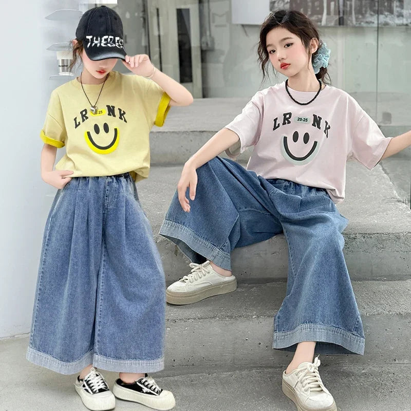 Girls Summer Clothes Sets Children Smiley Face Print Short-Sleeve T-Shirt + Denim Wide-Leg Pants Two-Piece Sets 2025 New