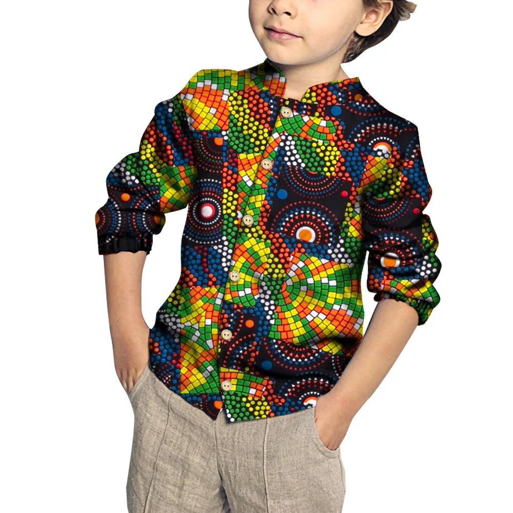 Kids Clothing Kids Boys African Fashion New Boy's Tops Bazin Riche African Wax Print Patchwork Cotton Shirt for Boys