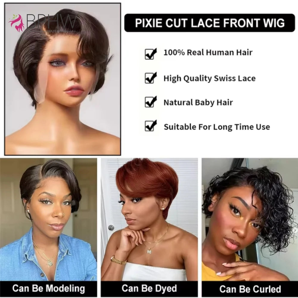Human Hair 13x4 Short Pixie Cut Lace Front Wig for Women Black Pixie Cut Transparent Frontal Wig Layered Straight Pixie Cut Wigs