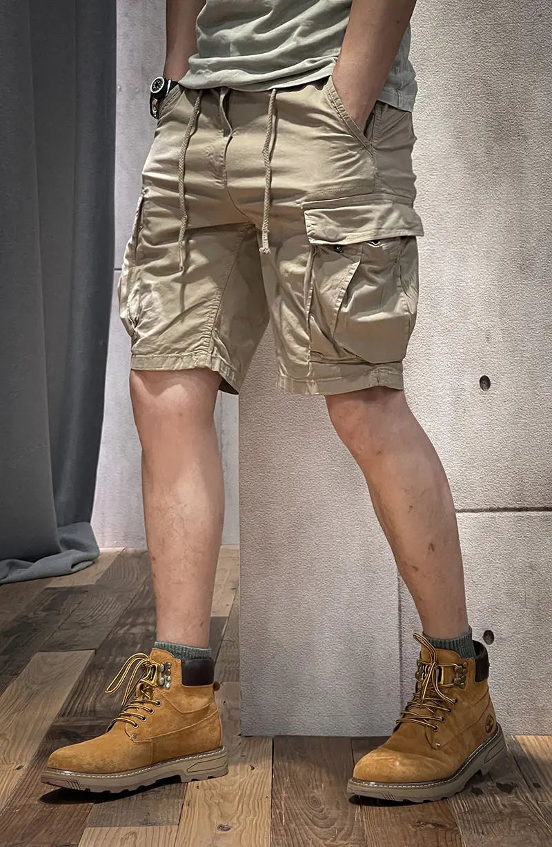 Half Men's Cargo Shorts Solid With Draw String Khaki Male Bermuda Short Pants Summer Korean Style Baggy Elastic Waist Homme Y2k