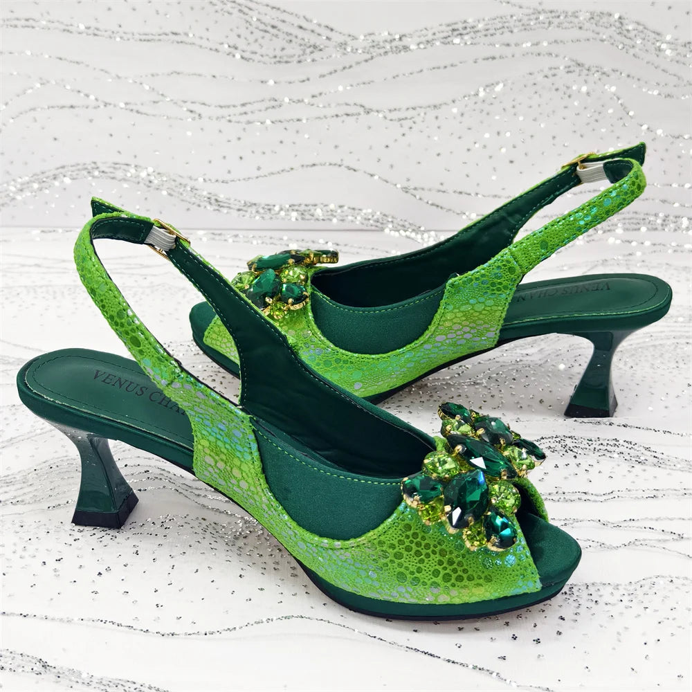 2025 New Rhinestone Design African Shoes & Bag Set in Green – Open Toe Comfortable Women's Heels - Hot Sale on Instagram