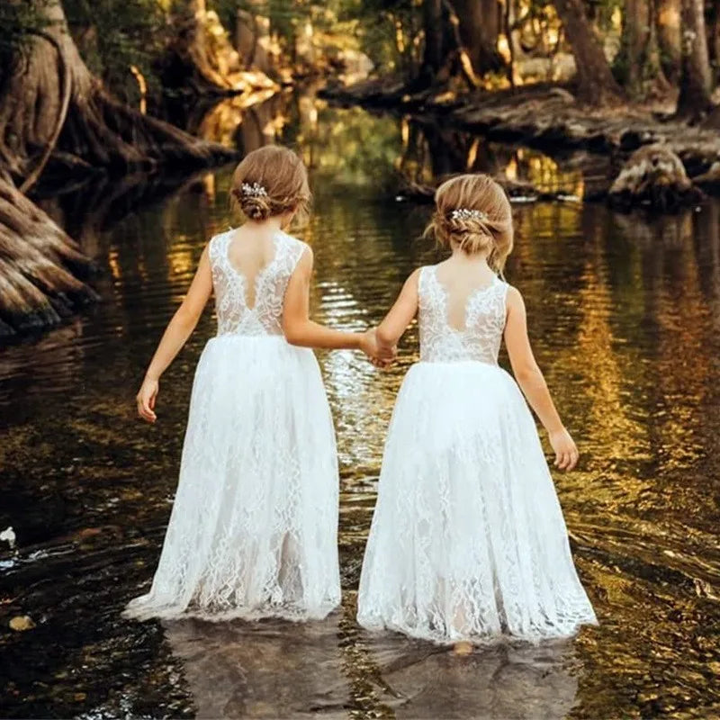 Girls Fashion Open Back Princess Dress 3-12 Years Old New Mesh Lace Long Dress Birthday Wedding Flower Girl Performance Clothing