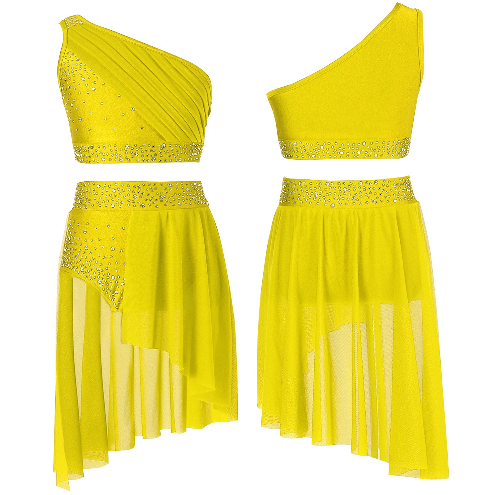 Girls Lyrical Dance Outfit Shiny One Shoulder Crop Top with Skirt for Jazz Skating Ballet Gymnastics Acrobatics Performance