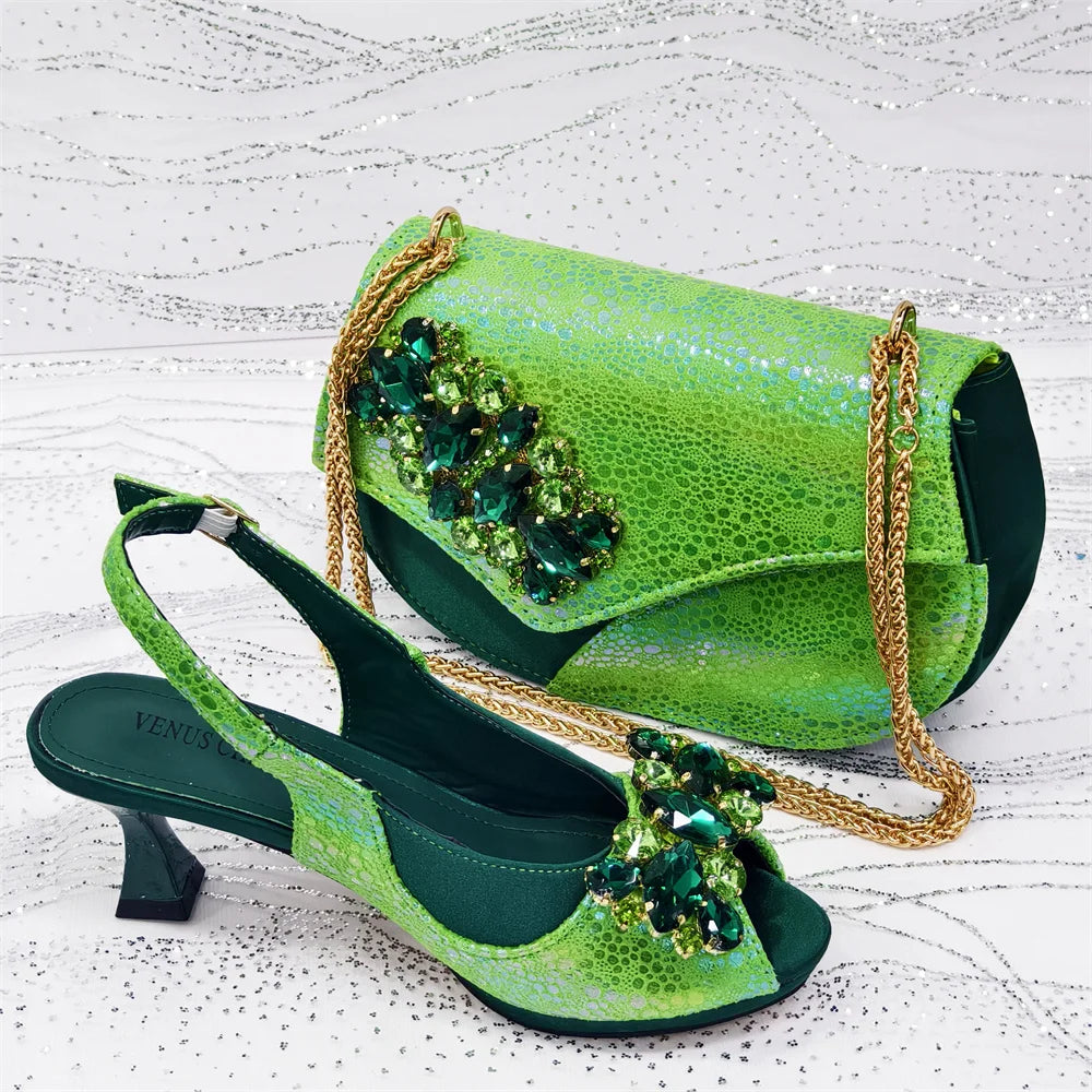 2025 New Rhinestone Design African Shoes & Bag Set in Green – Open Toe Comfortable Women's Heels - Hot Sale on Instagram