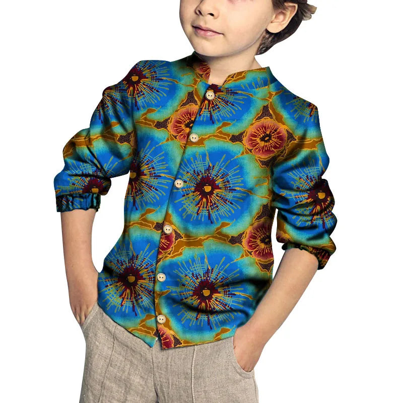 Kids Clothing Kids Boys African Fashion New Boy's Tops Bazin Riche African Wax Print Patchwork Cotton Shirt for Boys