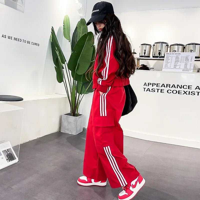 2025 New Girls Outfit Spring/fall Casual Striped Short Jacket  Wide Leg Pants 2-Pieces Fashion School Kids Sporty Tracksuit Set