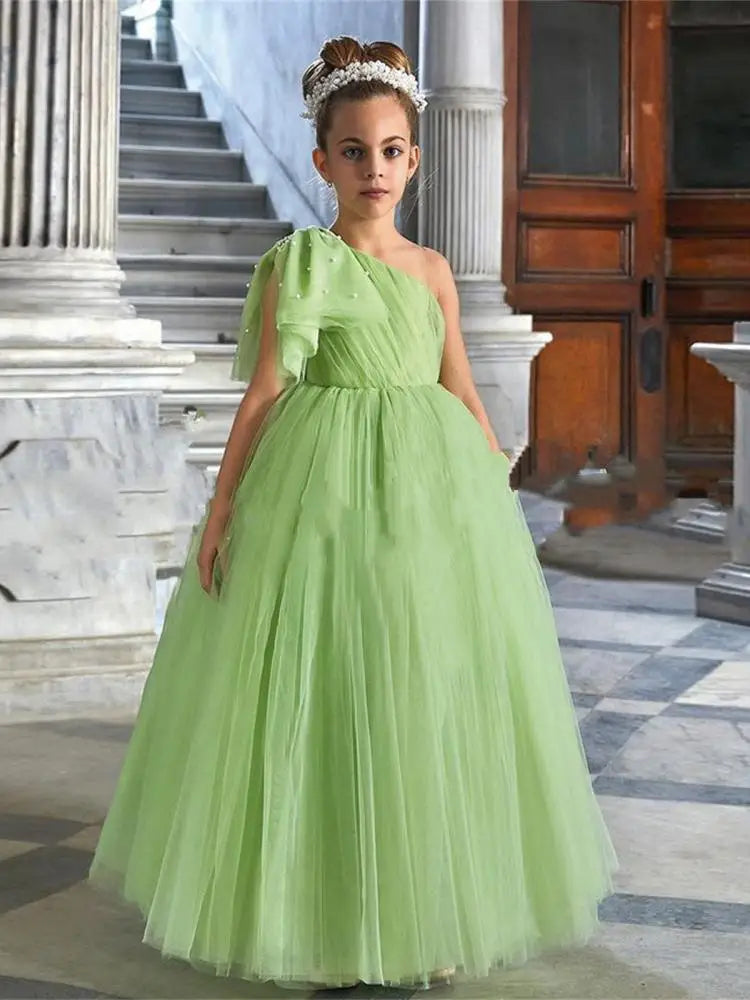 Girls Elegant Dress Tulle Evening Dresses Fashion Ball Performance Gown Solid Simple Girls Clothing Children Summer Frocks