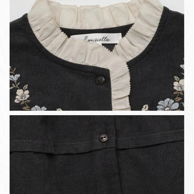 Girls Dresses 2025 Autumn Winter 100% Cotton Corduroy Black High-end Embroidered Dress Cardigan Woolen Sweater Kids's Clothing