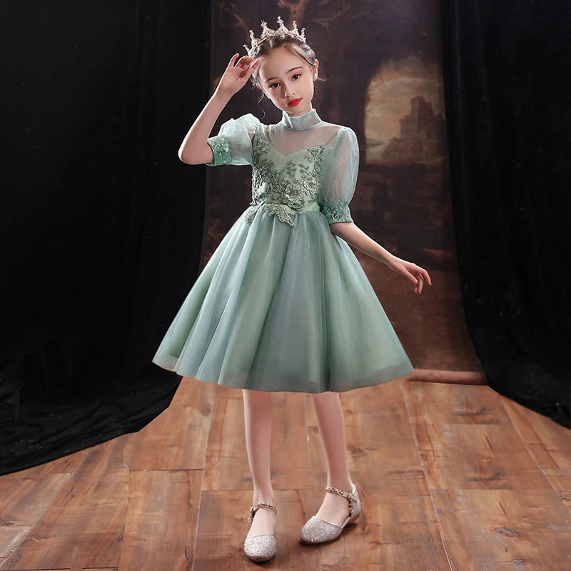 Children Clothing Green Dress for Girls 3 To 14 Year Elegant Formal Evening Dresses Long Luxury Cute Kid Wedding Party Ball Gown