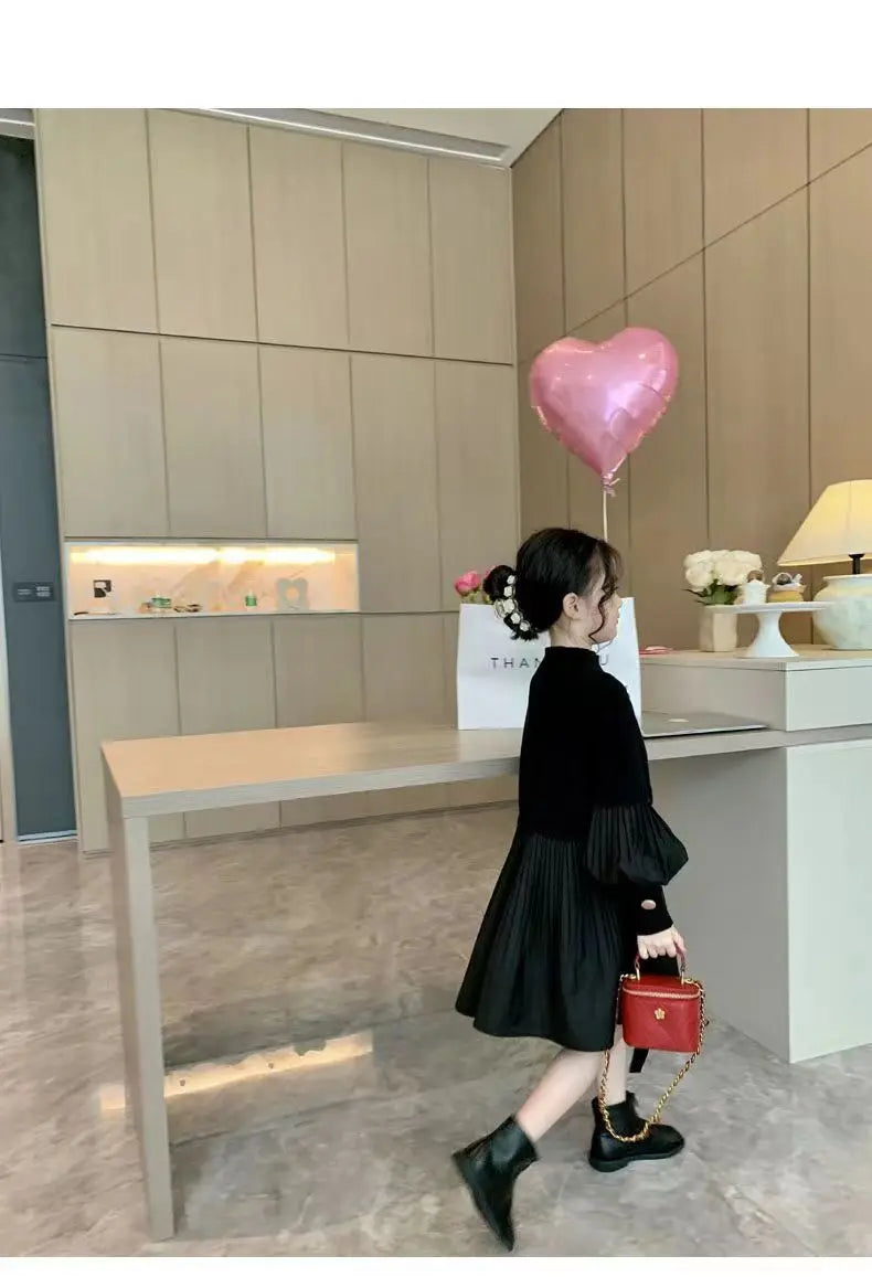 2025 Spring and Autumn New Girls' Dress Children's Clothing Black Design Sense Spliced Knitted Pleated Skirt