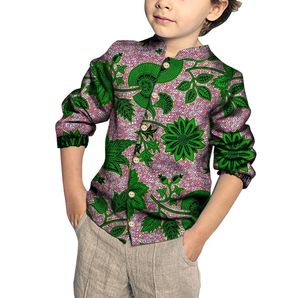 Kids Clothing Kids Boys African Fashion New Boy's Tops Bazin Riche African Wax Print Patchwork Cotton Shirt for Boys