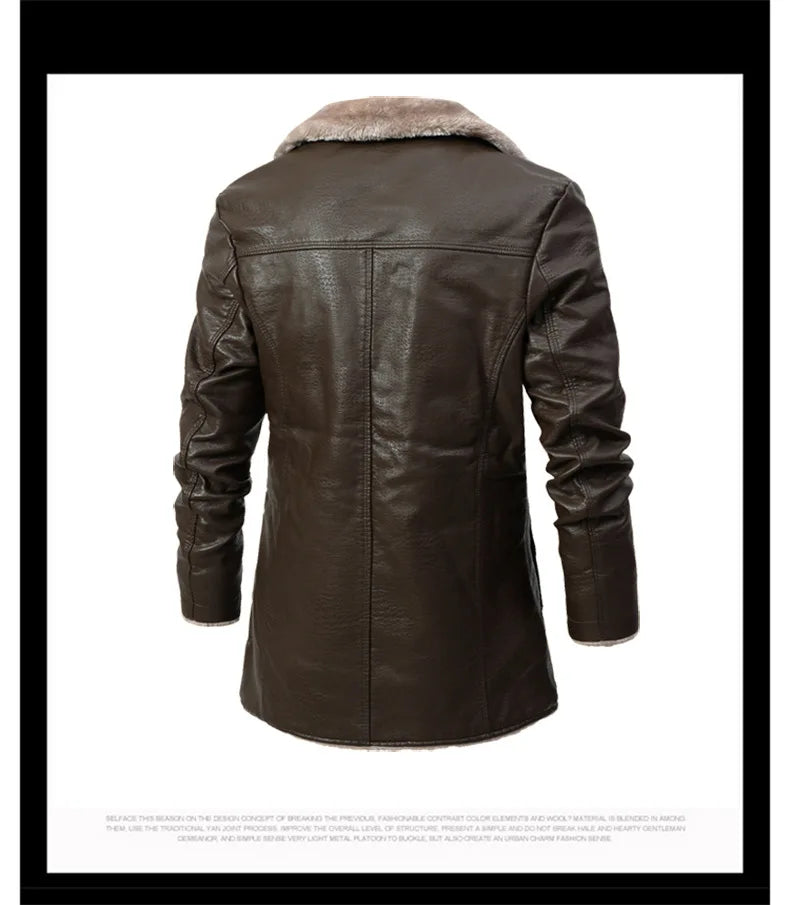Men's Long Leather Coat PU Jacket for Men Winter Warm Fleece Lined Business Overcoat Trench Mens Outerwear Motorcycle Jacket