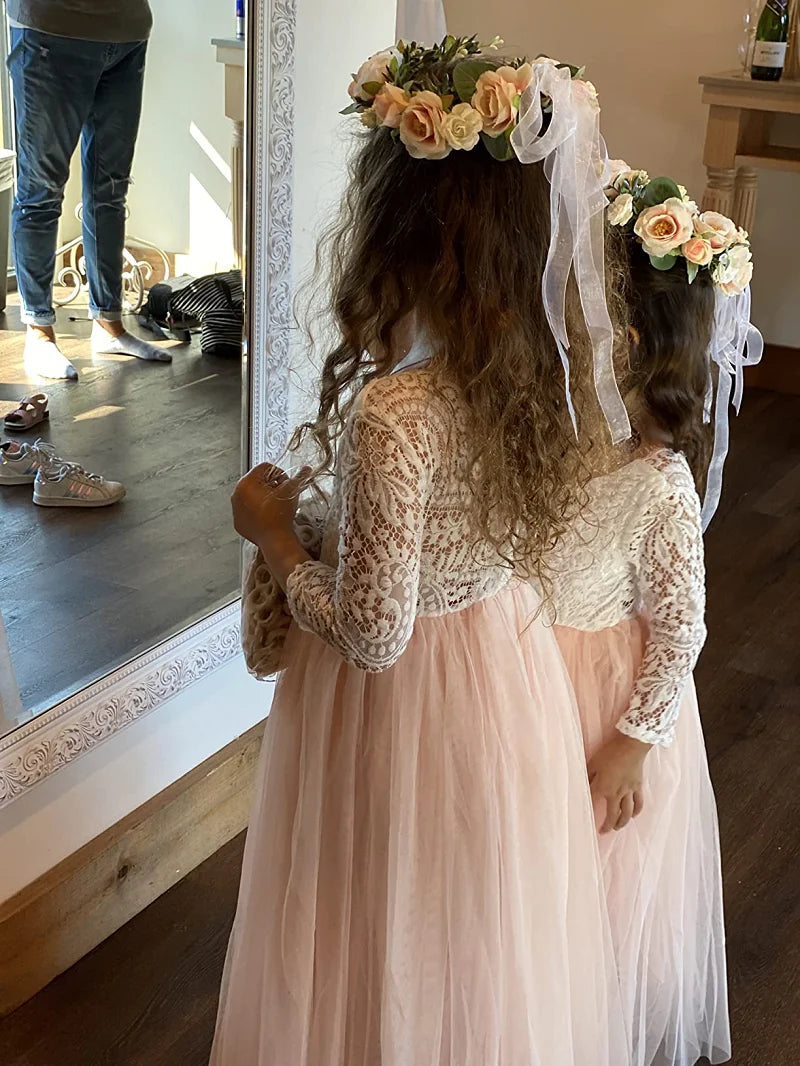 Girls Fashion Open Back Princess Dress 3-12 Years Old New Mesh Lace Long Dress Birthday Wedding Flower Girl Performance Clothing