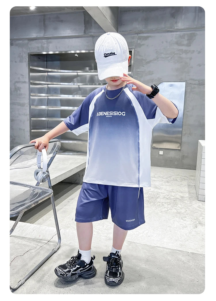 Boys 2PC/Sets For Age 5-14 Years Old Teen Child Clothing Suit New Kids Summer Short Sleeve T-Shirt + Shorts Casual Boys Outfits
