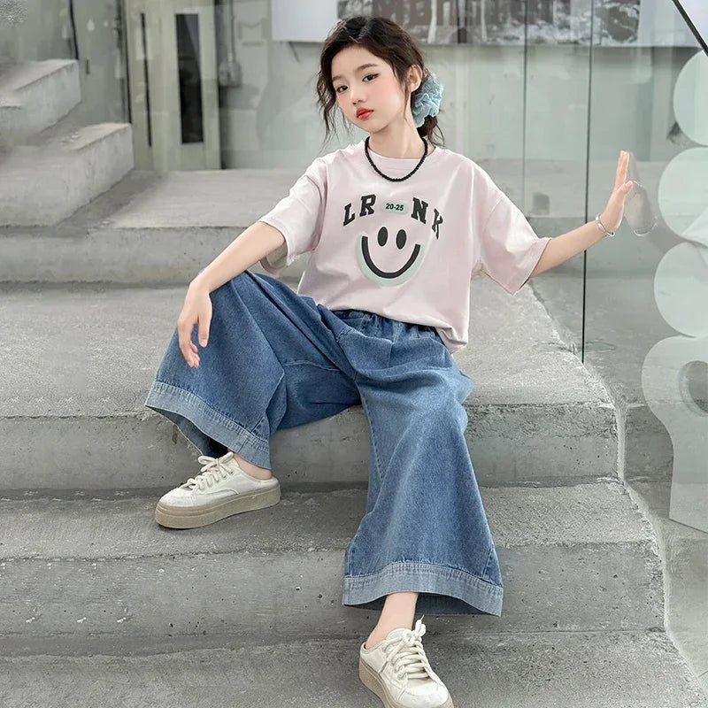 Girls Summer Clothes Sets Children Smiley Face Print Short-Sleeve T-Shirt + Denim Wide-Leg Pants Two-Piece Sets 2025 New